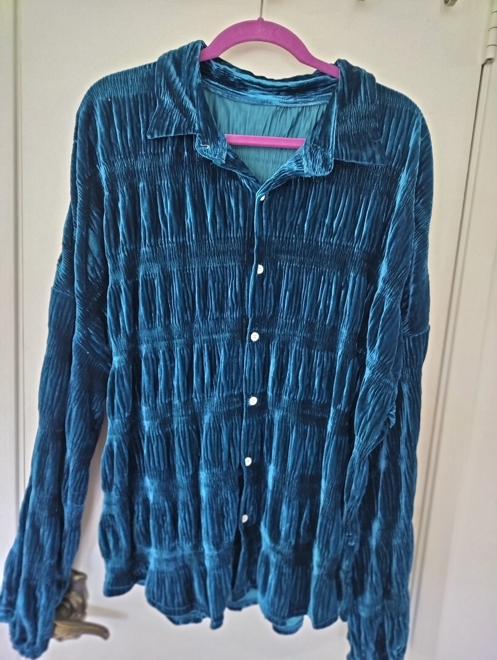 Dark Teal Crushed Velvet Button-Down Blouse Smocking and Vertical Pleating  3x